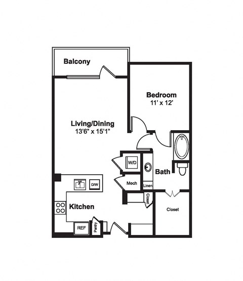 Floor plan for 1 bed, 1 bath, 778 sqft